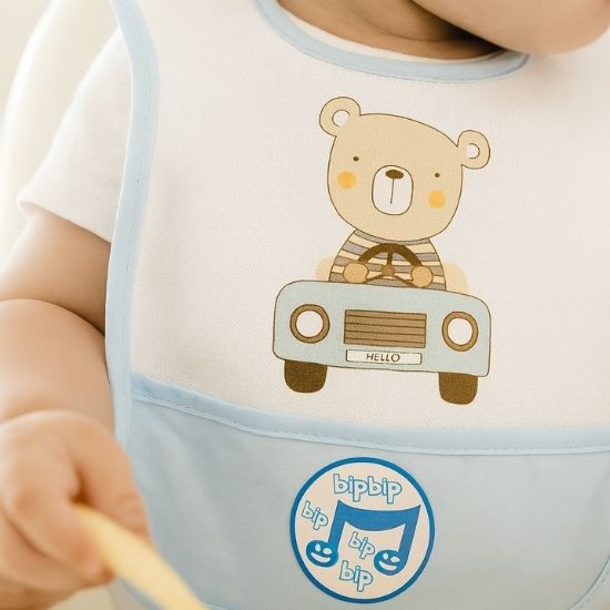 Patterned Baby Bib with Pocket - Bear with Car - Image 2