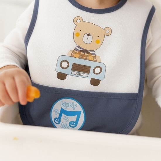 Patterned Baby Bib with Pocket - Bear with Car - Image 4